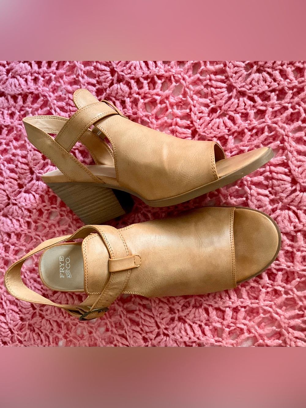 Frye Tan Leather Peep-Toe Slingback Block Heel Mules
